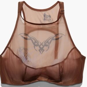NWT Savage X Fenty Tattooed Tricot High-Neck Bra Brown Sugar 32C Sheer Mesh